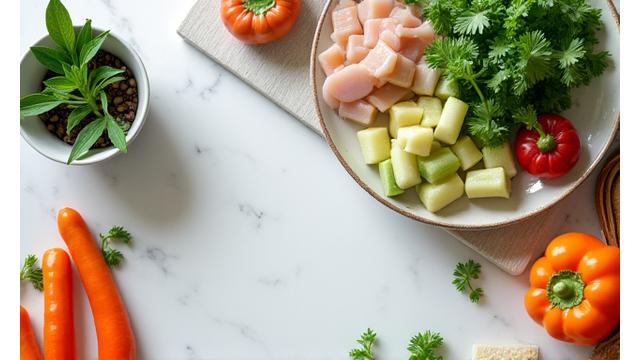 A warm, inviting kitchen scene showcasing healthy ingredients, representing the joy and simplicity of preparing wholesome meals.