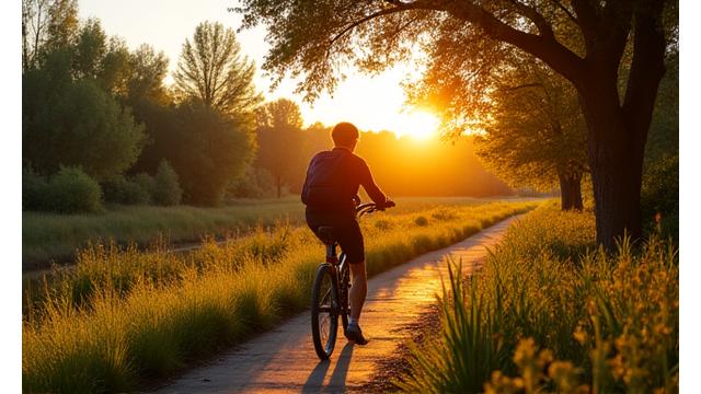 A person enjoying a leisurely walk along a scenic nature trail in Sacramento at golden hour, symbolizing local outdoor activities and healthy living.