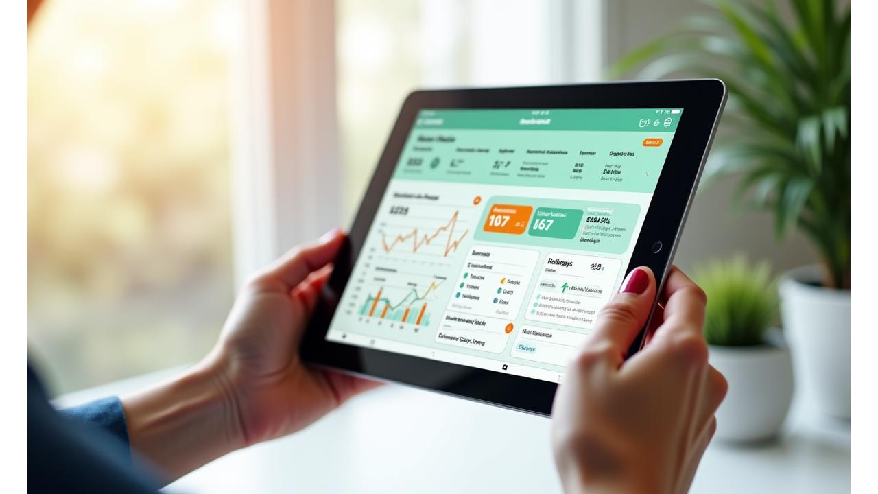 Visually representing a personalized health dashboard with charts, progress bars, and dietary recommendations tailored to an individual in their late 30s or early 40s